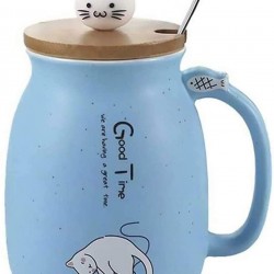 Cute Mug Kawaii Cup Ceramic Mug With Lid And Spoon For Tea Cup, Coffee Mug, Milk Cup, Cute Things Gift, Blue Cup 450ml/15oz
