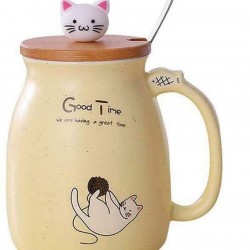  Cute Mug Kawaii Cup Ceramic Mug With Lid And Spoon For Tea Cup, Coffee Mug, Milk Cup, Cute Things Gift, yellow Cup 450ml/15oz