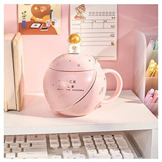 Cute Astronaut Mug With Lid And Spoon, Kawaii Cup Novelty Mug For Coffee, Tea And Milk, Mug Gift Pink 450ml/15oz
