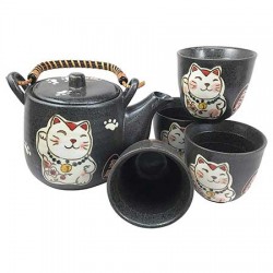 Lucky Cat Black Japanese Teapot Set With 4 Tea Cups