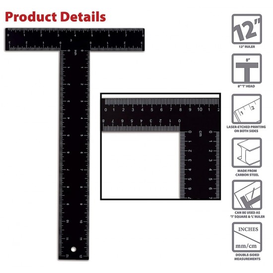 HwaGui T Square, T Ruler, 12 inch Metal T Ruler Carbon Steel Ruler, Double Sided Standard & Metric Laser Printed, by Better Office Products, Drafting Ruler, Architect Ruler, Set Square Companion Ruler, Black,Drawing squares