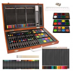 HwaGui U.S. Art Supply 82-Piece Deluxe Artist Studio Creativity Set Wood Box Case - Art Painting, Sketching Drawing Set, 24 Watercolor Paint Colors, 24 Oil Pastels, 24 Colored Pencils, 2 Brushes, Starter Kit