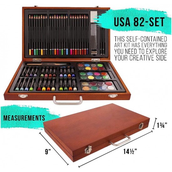 HwaGui U.S. Art Supply 82-Piece Deluxe Artist Studio Creativity Set Wood Box Case - Art Painting, Sketching Drawing Set, 24 Watercolor Paint Colors, 24 Oil Pastels, 24 Colored Pencils, 2 Brushes, Starter Kit