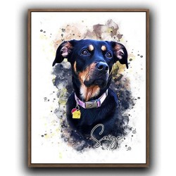 HwaGui Custom Dog/Cat Portrait Watercolor Painting Framed Canvas Prints with Your Photos Wall Art for Home Decoration, Personalized Memorial Gift for Pet Lovers Dog Moms (12x16 inches, Wood Frame)