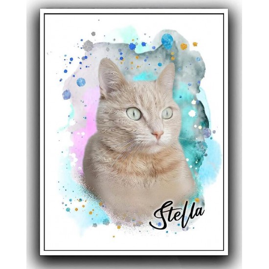 HwaGui Custom Dog/Cat Portrait Watercolor Painting Framed Canvas Prints with Your Photos Wall Art for Home Decoration, Personalized Memorial Gift for Pet Lovers Dog Moms (12x16 inches, Wood Frame)