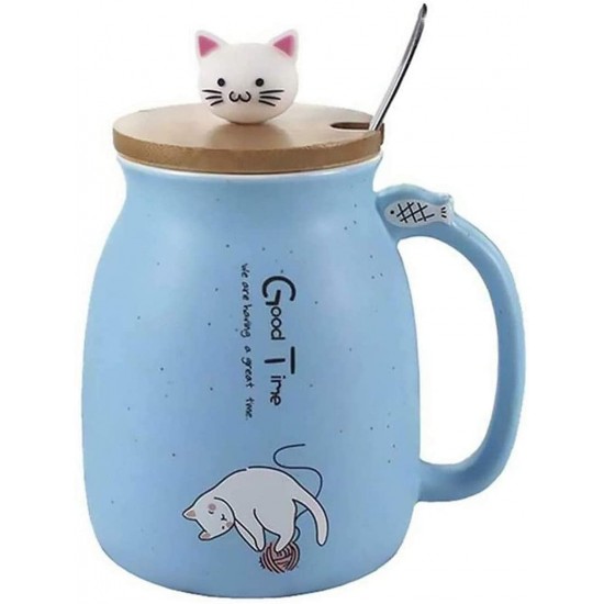 Cute Mug Kawaii Cup Ceramic Mug With Lid And Spoon For Tea Cup, Coffee Mug, Milk Cup, Cute Things Gift, Blue Cup 450ml/15oz