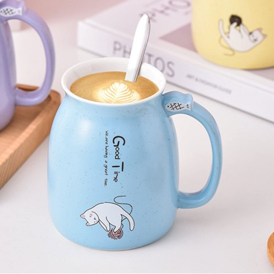 Cute Mug Kawaii Cup Ceramic Mug With Lid And Spoon For Tea Cup, Coffee Mug, Milk Cup, Cute Things Gift, Blue Cup 450ml/15oz