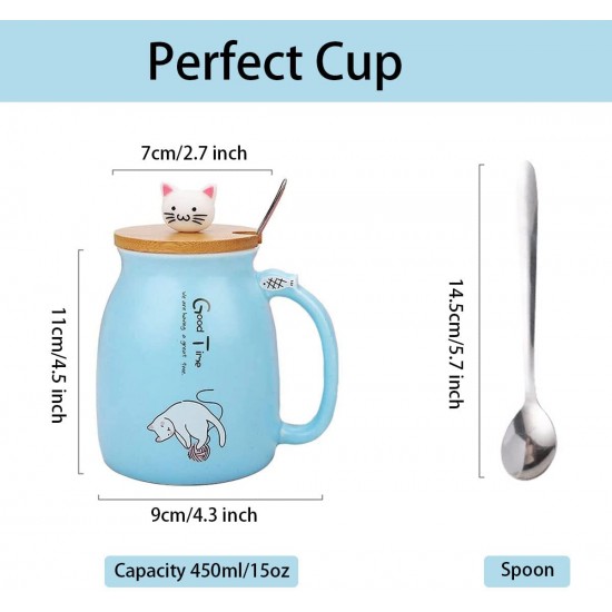 Cute Mug Kawaii Cup Ceramic Mug With Lid And Spoon For Tea Cup, Coffee Mug, Milk Cup, Cute Things Gift, Blue Cup 450ml/15oz