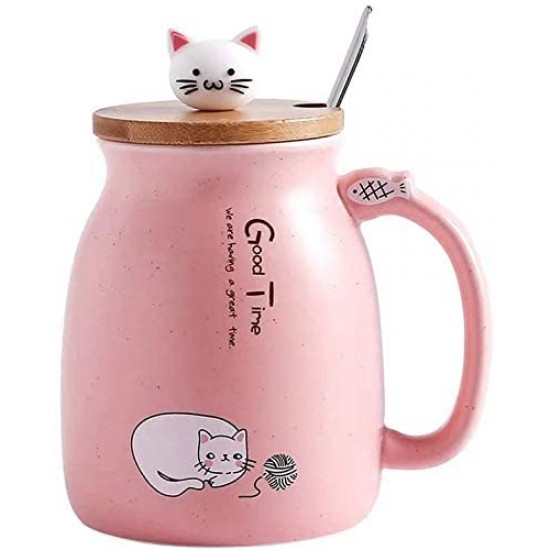  Cute Mug Kawaii Cup Ceramic Mug With Lid And Spoon For Tea Cup, Coffee Mug, Milk Cup, Cute Things Gift, Pink Cup 450ml/15oz