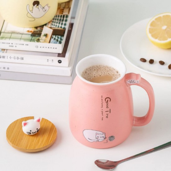  Cute Mug Kawaii Cup Ceramic Mug With Lid And Spoon For Tea Cup, Coffee Mug, Milk Cup, Cute Things Gift, Pink Cup 450ml/15oz