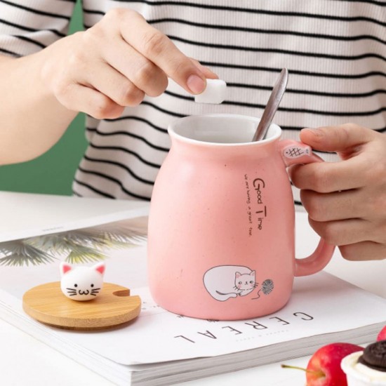  Cute Mug Kawaii Cup Ceramic Mug With Lid And Spoon For Tea Cup, Coffee Mug, Milk Cup, Cute Things Gift, Pink Cup 450ml/15oz