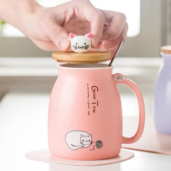 Cute Mug Kawaii Cup Ceramic Mug With Lid And Spoon For Tea Cup, Coffee Mug, Milk Cup, Cute Things Gift, Pink Cup 450ml/15oz