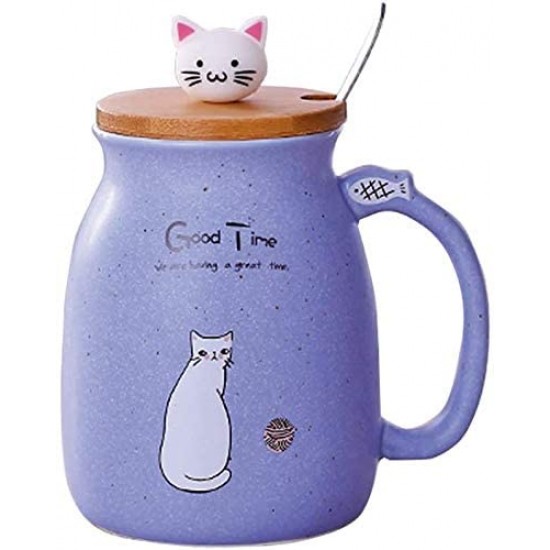 Cute Ceramic Mug With Spoon And Lid, Kawaii Cat Cup, Novelty Cup, Coffee Cup, Tea Cup, Milk Cup For Present, Purple 450ml/15oz