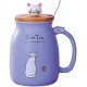 Cute Ceramic Mug With Spoon And Lid, Kawaii Cat Cup, Novelty Cup, Coffee Cup, Tea Cup, Milk Cup For Present, Purple 450ml/15oz