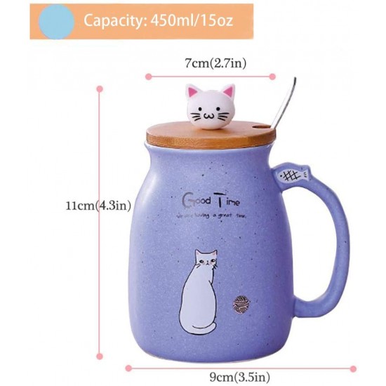 Cute Ceramic Mug With Spoon And Lid, Kawaii Cat Cup, Novelty Cup, Coffee Cup, Tea Cup, Milk Cup For Present, Purple 450ml/15oz