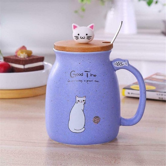 Cute Ceramic Mug With Spoon And Lid, Kawaii Cat Cup, Novelty Cup, Coffee Cup, Tea Cup, Milk Cup For Present, Purple 450ml/15oz