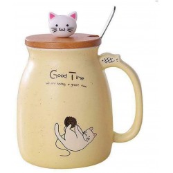  Cute Mug Kawaii Cup Ceramic Mug With Lid And Spoon For Tea Cup, Coffee Mug, Milk Cup, Cute Things Gift, yellow Cup 450ml/15oz