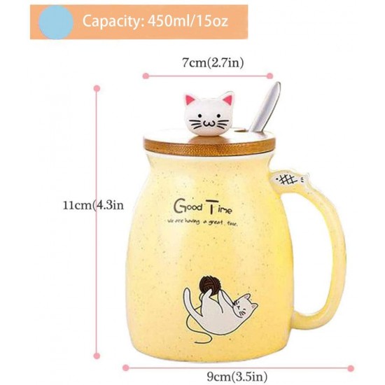  Cute Mug Kawaii Cup Ceramic Mug With Lid And Spoon For Tea Cup, Coffee Mug, Milk Cup, Cute Things Gift, yellow Cup 450ml/15oz