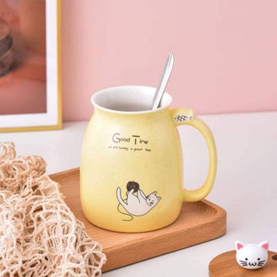  Cute Mug Kawaii Cup Ceramic Mug With Lid And Spoon For Tea Cup, Coffee Mug, Milk Cup, Cute Things Gift, yellow Cup 450ml/15oz