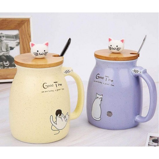  Cute Mug Kawaii Cup Ceramic Mug With Lid And Spoon For Tea Cup, Coffee Mug, Milk Cup, Cute Things Gift, yellow Cup 450ml/15oz
