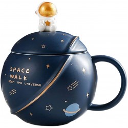 HwaGui Cute Astronaut Mug With Lid And Spoon, Kawaii Cup Novelty Mug For Coffee, Tea And Milk, Mug Gift Blue 450ml/15oz