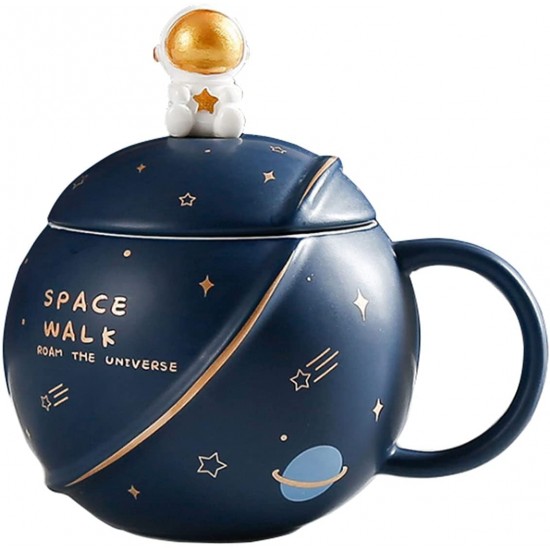 HwaGui Cute Astronaut Mug With Lid And Spoon, Kawaii Cup Novelty Mug For Coffee, Tea And Milk, Mug Gift Blue 450ml/15oz