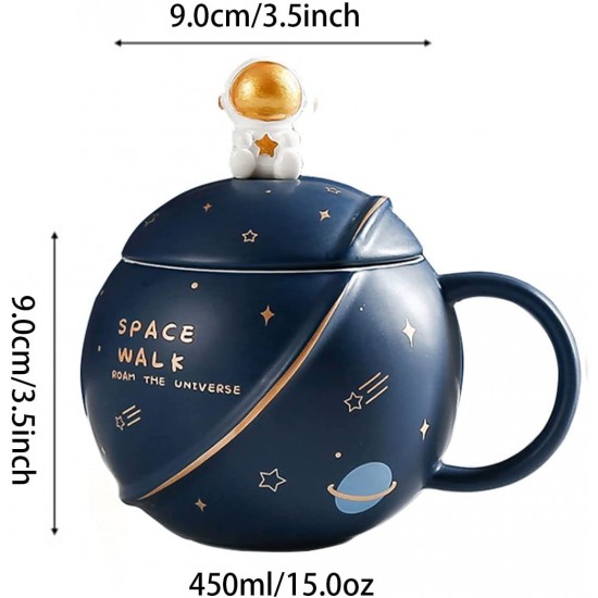 HwaGui Cute Astronaut Mug With Lid And Spoon, Kawaii Cup Novelty Mug For Coffee, Tea And Milk, Mug Gift Blue 450ml/15oz