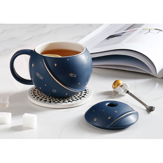 HwaGui Cute Astronaut Mug With Lid And Spoon, Kawaii Cup Novelty Mug For Coffee, Tea And Milk, Mug Gift Blue 450ml/15oz