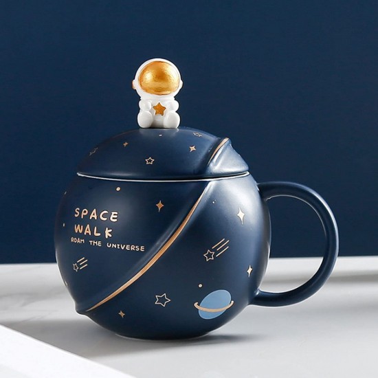 Cute Astronaut Mug With Lid And Spoon, Kawaii Cup Novelty Mug For Coffee, Tea And Milk, Mug Gift Blue 450ml/15oz