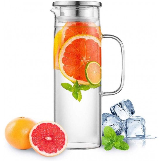 Hwagui - Heat Resistant Glass Pitcher with Stainless Steel Lid, Water Carafe with Handle, Good Beverage Pitcher for Homemade Juice and Iced Tea, 1000ml/34oz