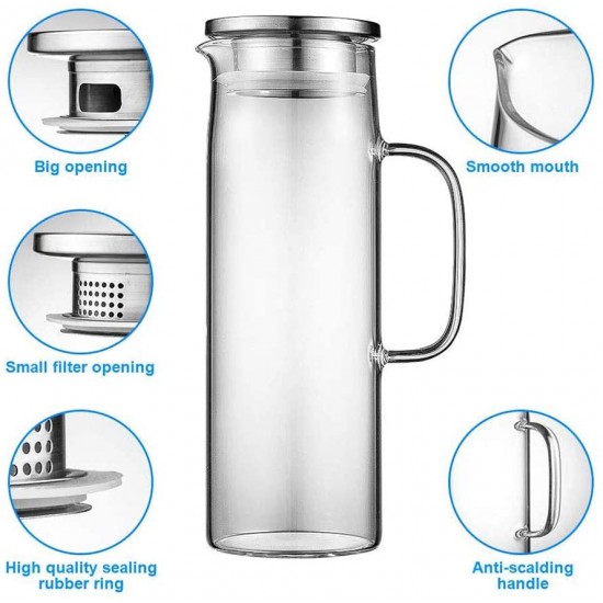 Hwagui - Heat Resistant Glass Pitcher with Stainless Steel Lid, Water Carafe with Handle, Good Beverage Pitcher for Homemade Juice and Iced Tea, 1200ml/41oz