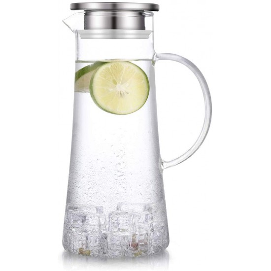 Hwagui - Heat Resistant Glass Pitcher with Stainless Steel Lid, Water Carafe with Handle, Good Beverage Pitcher for Homemade Juice and Iced Tea, 1500ml/51oz