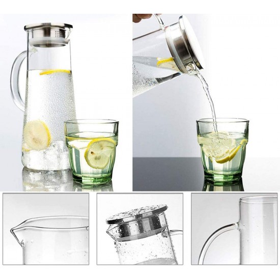 Hwagui - Heat Resistant Glass Pitcher with Stainless Steel Lid, Water Carafe with Handle, Good Beverage Pitcher for Homemade Juice and Iced Tea, 1500ml/51oz