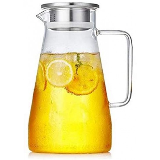  Large Heat Resistant Glass Pitcher with Stainless Steel Lid, Water Carafe with Handle, Good Beverage Pitcher for Homemade Juice and Iced Tea, 1800ml/61oz