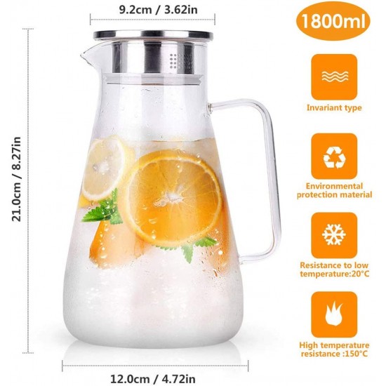  Large Heat Resistant Glass Pitcher with Stainless Steel Lid, Water Carafe with Handle, Good Beverage Pitcher for Homemade Juice and Iced Tea, 1800ml/61oz