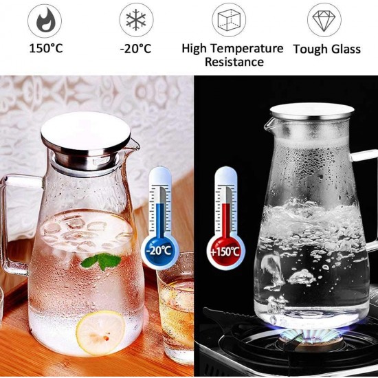  Large Heat Resistant Glass Pitcher with Stainless Steel Lid, Water Carafe with Handle, Good Beverage Pitcher for Homemade Juice and Iced Tea, 1800ml/61oz