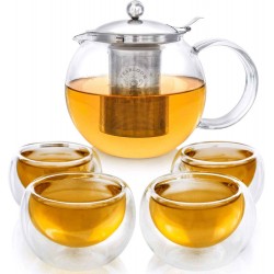 Glass Teapot Set With 4 Insulated Double Wall Glass Cups