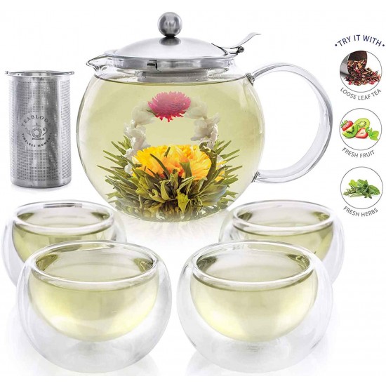 Glass Teapot Set With 4 Insulated Double Wall Glass Cups