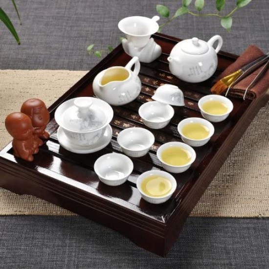 Chinese Ceramic Kung Fu Tea Set With Wood Tea Tray