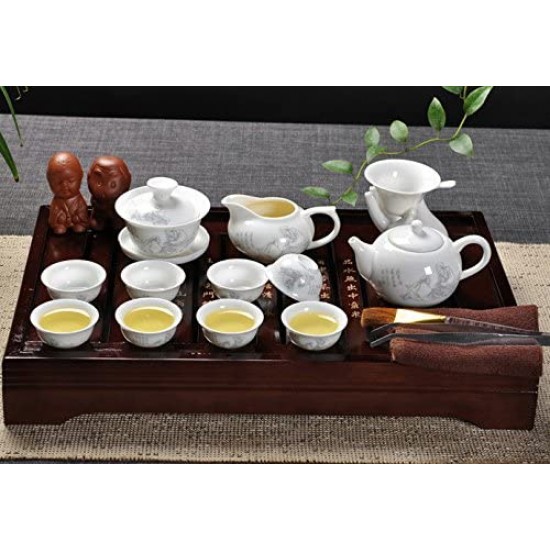 Chinese Ceramic Kung Fu Tea Set With Wood Tea Tray