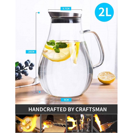 Large Glass Water Pitcher with Lid 2000ml/68oz