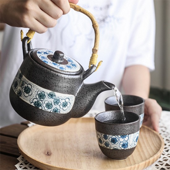Japanese Tea Set With 4 Tea Cups (Blue dye)