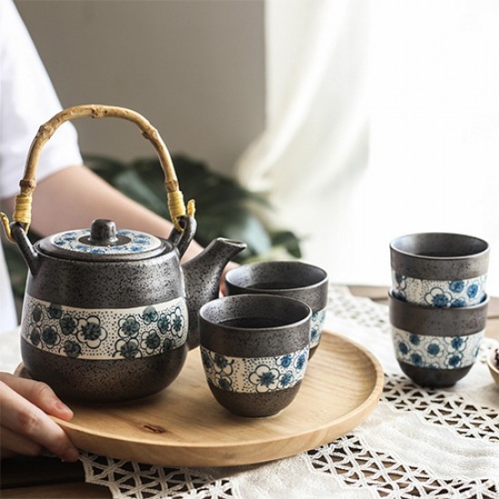 Japanese Tea Set With 4 Tea Cups (Blue dye)