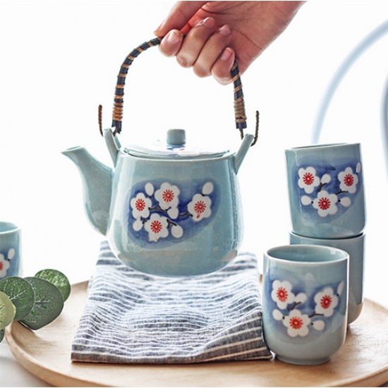 Japanese Teapot Set With 4 Cups (Blue cherry blossom)