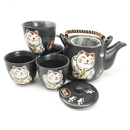 Lucky Cat Black Japanese Teapot Set With 4 Tea Cups