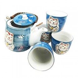 Lucky Cat Blue Japanese Teapot Set With 4 Tea Cups