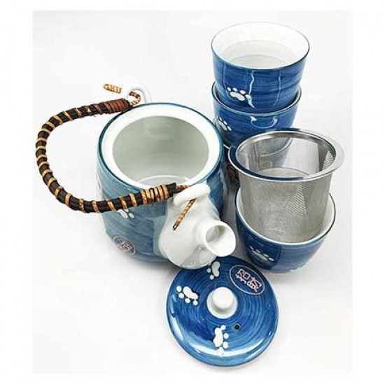 Lucky Cat Blue Japanese Teapot Set With 4 Tea Cups