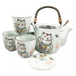 Lucky Cat White Japanese Tea Set With 4 Tea Cups