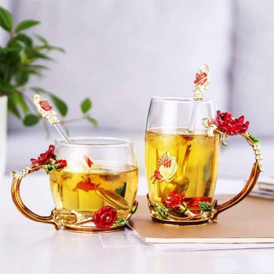 Enamels Butterfly Flower Clear Glass Tea Cup with Steel Spoon Set