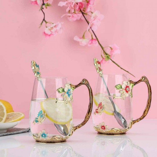 Enamels Butterfly Flower Clear Glass Tea Cup with Steel Spoon Set